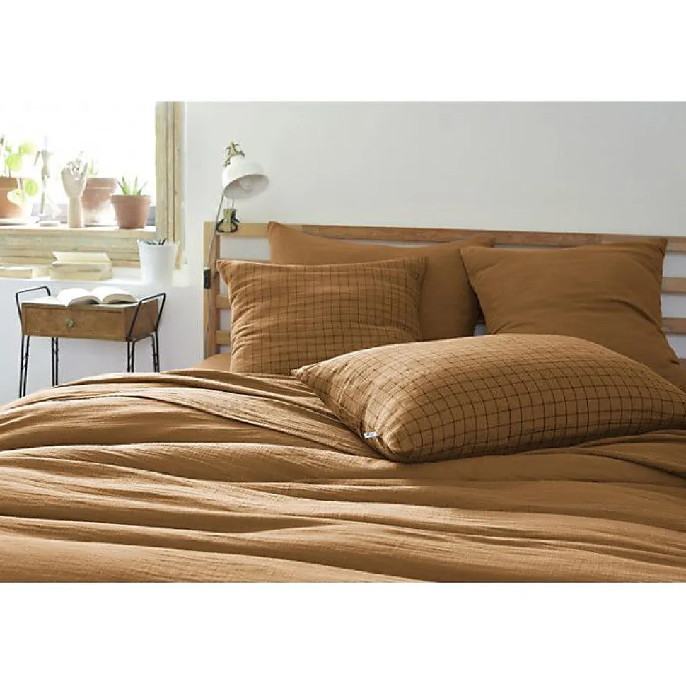 Taie d'oreiller Tissé-teint petits carreaux Déco "Gaïa Mix" 60 x 60 cm & 50 x 70 cm "Gaze de Coton" - Gaïa Mix Camel - 60 x 60 cm