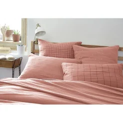 Taie d'oreiller Tissé-teint grands carreaux Déco "Gaïa Match" 60 x 60 cm & 50 x 70 cm "Gaze de Coton" - Gaïa Match Rose Pêche - 60