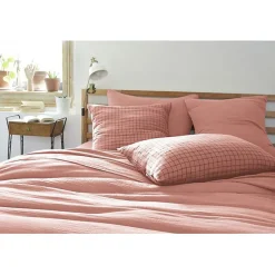 Taie d'oreiller Tissé-teint petits carreaux Déco "Gaïa Mix" 60 x 60 cm & 50 x 70 cm "Gaze de Coton" - Gaïa Mix Rose Pêche - 60 x 6