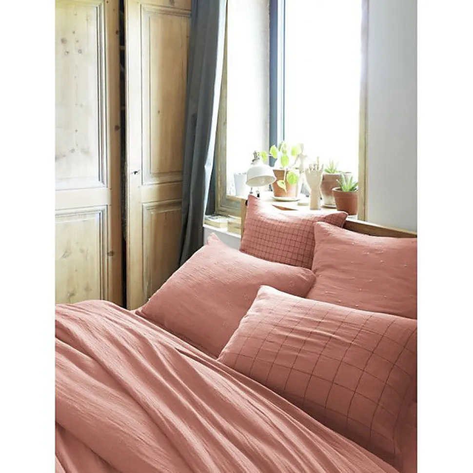 Taie d'oreiller Tissé-teint petits carreaux Déco "Gaïa Mix" 60 x 60 cm & 50 x 70 cm "Gaze de Coton" - Gaïa Mix Rose Pêche - 60 x 6