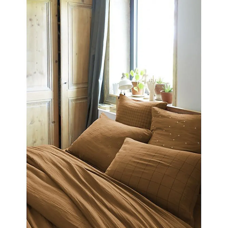 Taie d'oreiller Tissé-teint grands carreaux Déco "Gaïa Match" 60 x 60 cm & 50 x 70 cm "Gaze de Coton" - Gaïa Match Camel - 60 x 60