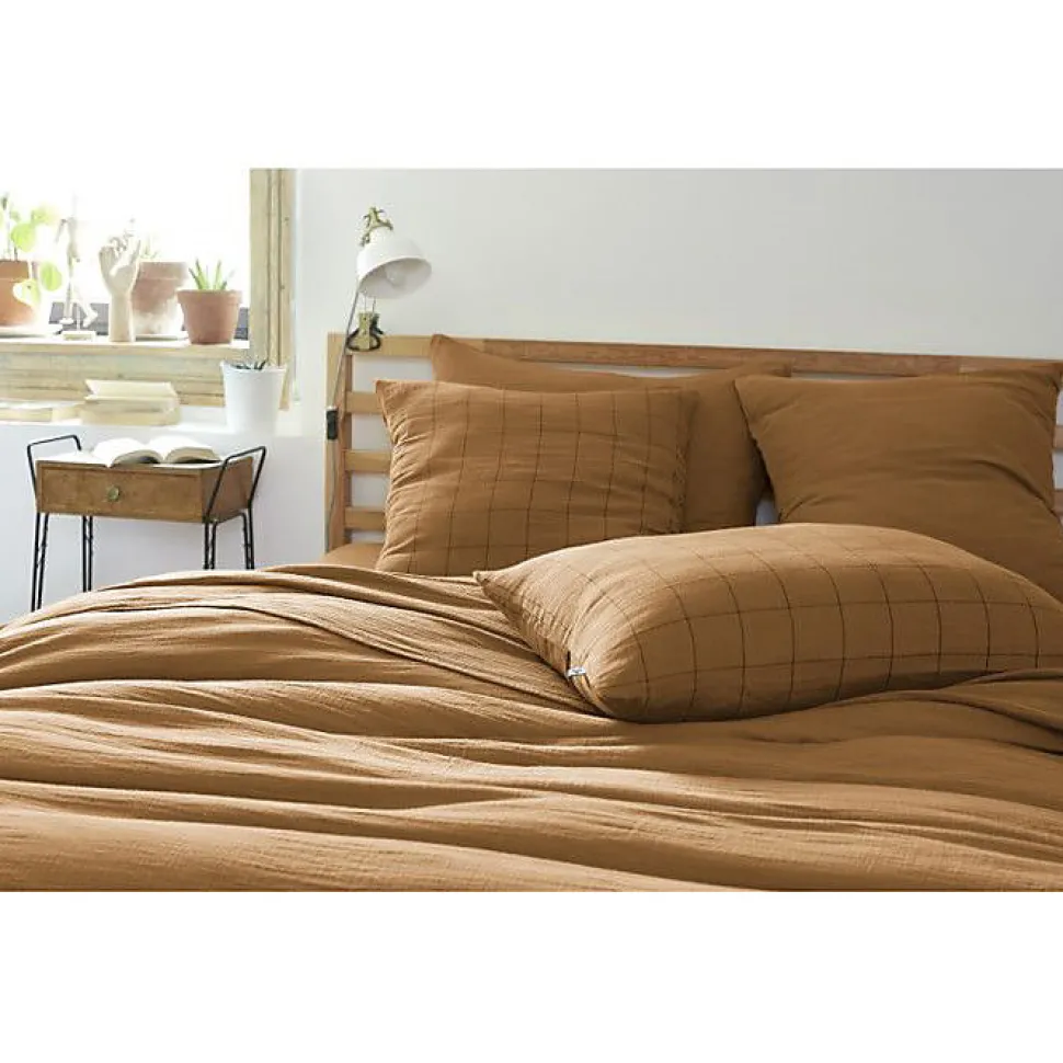 Taie d'oreiller Tissé-teint grands carreaux Déco "Gaïa Match" 60 x 60 cm & 50 x 70 cm "Gaze de Coton" - Gaïa Match Camel - 60 x 60