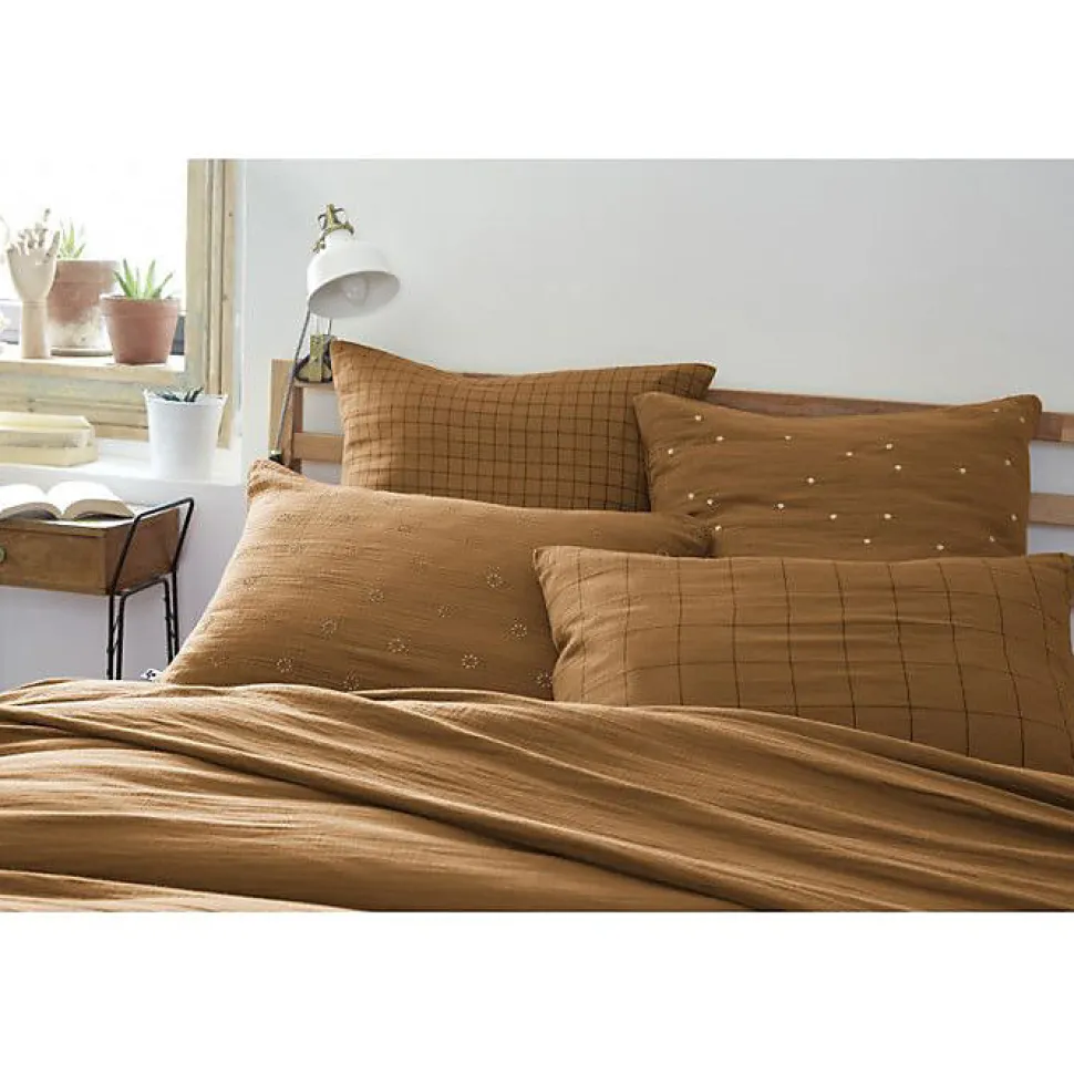 Taie d'oreiller Tissé-teint grands carreaux Déco "Gaïa Match" 60 x 60 cm & 50 x 70 cm "Gaze de Coton" - Gaïa Match Camel - 60 x 60