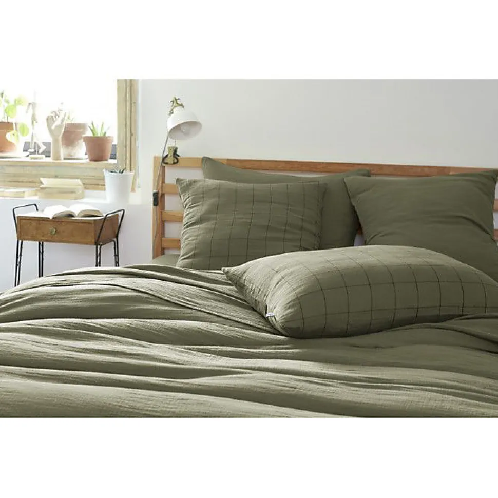 Taie d'oreiller Tissé-teint grands carreaux Déco "Gaïa Match" 60 x 60 cm & 50 x 70 cm "Gaze de Coton" - Gaïa Match Romarin - 50 x