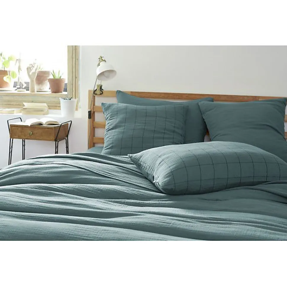 Taie d'oreiller Tissé-teint grands carreaux Déco "Gaïa Match" 60 x 60 cm & 50 x 70 cm "Gaze de Coton" - Gaïa Match Canard - 50 x 7