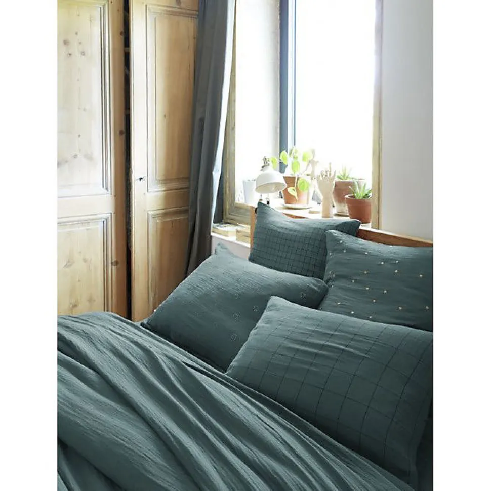 Taie d'oreiller Tissé-teint grands carreaux Déco "Gaïa Match" 60 x 60 cm & 50 x 70 cm "Gaze de Coton" - Gaïa Match Canard - 60 x 6