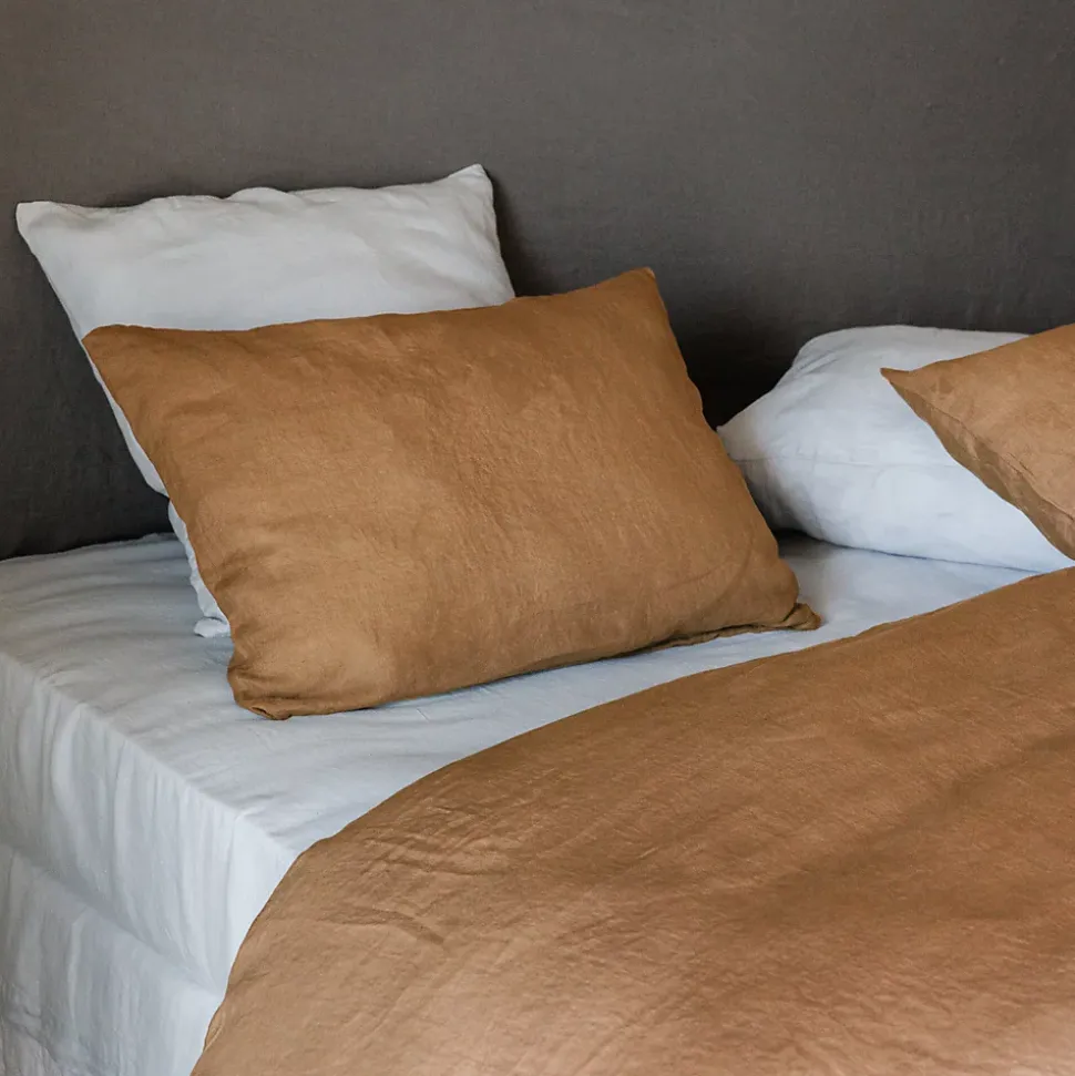 Taie d'oreiller uni 50x70 cm 100% lin lavé SONATE marron Cognac