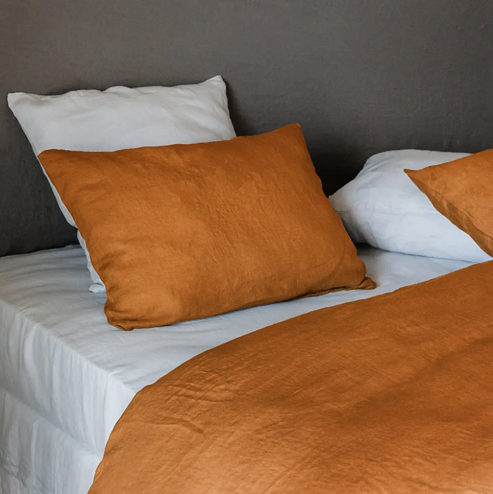 Taie d'oreiller uni 50x70 cm lin lavé froissé SONATE orange Terracotta