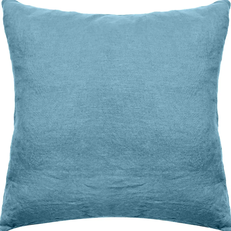 Taie d'oreiller uni 65X65 cm lin lavé froissé SONATE bleu Topaze