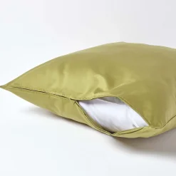 Taie d'oreiller vert olive en satin de coton égyptien 1000 fils, 80x80 cm - HOMESCAPES