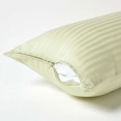 Taie d'oreiller vert sauge satin rayé en coton égyptien 330 fils, 40x80 cm - HOMESCAPES