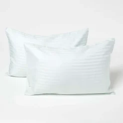 Taies d'oreiller enfant bleu satin rayé en coton égyptien 330 fils, 40x60 cm, lot de 2 - HOMESCAPES