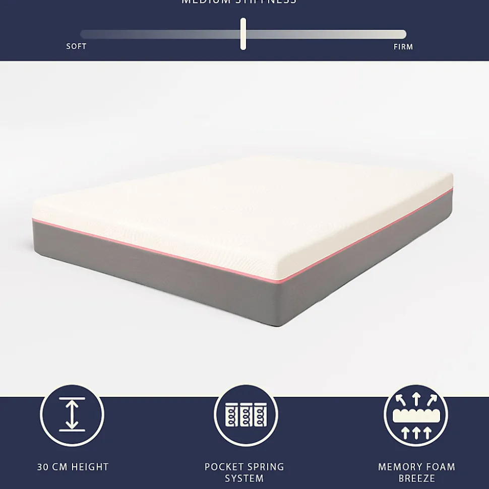 The White Stone Matelas 90x190 en Mousse à Mémoire Breeze et Ressorts Ensachés, Hauteur 30 cm