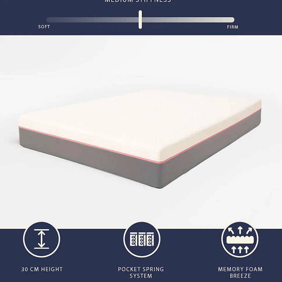 The White Stone Matelas 90x190 en Mousse à Mémoire Breeze et Ressorts Ensachés, Hauteur 30 cm