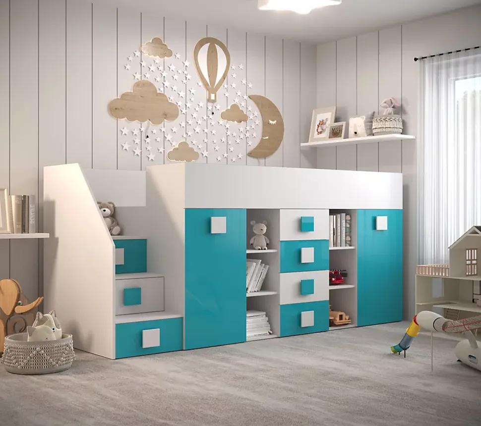 TOLEDO 3L Lit superposé 248,5/123/93 (blanc/turquoise)