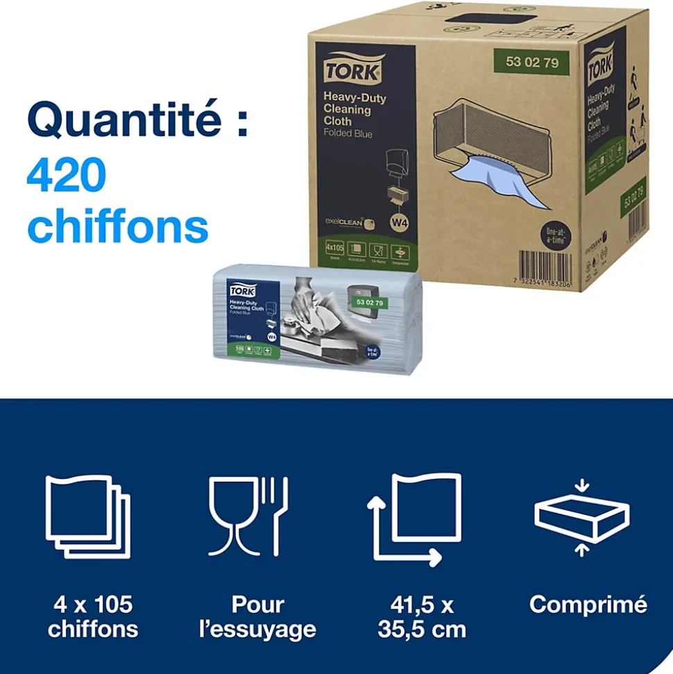 Tork Chiffon de Nettoyage Ultra-résistant bleu W4, robuste et absorbant, 1 x 105 chiffons, 530279