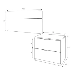 Tête de lit Aleangy, Table de chevet à deux tiroirs avec tête de lit pour lit simple de 90 cm, 100h50 cm, Chêne et Blanc