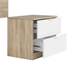 Tête de lit Aleangy, Table de chevet à deux tiroirs avec tête de lit pour lit simple de 90 cm, 100h50 cm, Chêne et Blanc