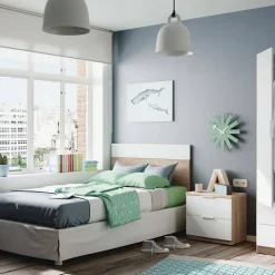 Tête de lit Aleangy, Table de chevet à deux tiroirs avec tête de lit pour lit simple de 90 cm, 100h50 cm, Chêne et Blanc