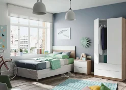 Tête de lit Aleangy, Table de chevet à deux tiroirs avec tête de lit pour lit simple de 90 cm, 100h50 cm, Chêne et Blanc