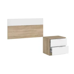 Tête de lit Aleangy, Table de chevet à deux tiroirs avec tête de lit pour lit simple de 90 cm, 100h50 cm, Chêne et Blanc