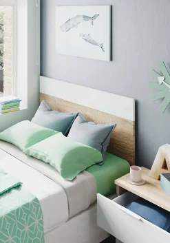 Tête de lit Aleangy, Table de chevet à deux tiroirs avec tête de lit pour lit simple de 90 cm, 100h50 cm, Chêne et Blanc