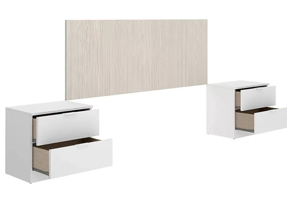 Tête de lit avec 2 tables de chevet coloris imitation lamelles, blanc - longueur 256 x profondeur 34 x hauteur 106 cm