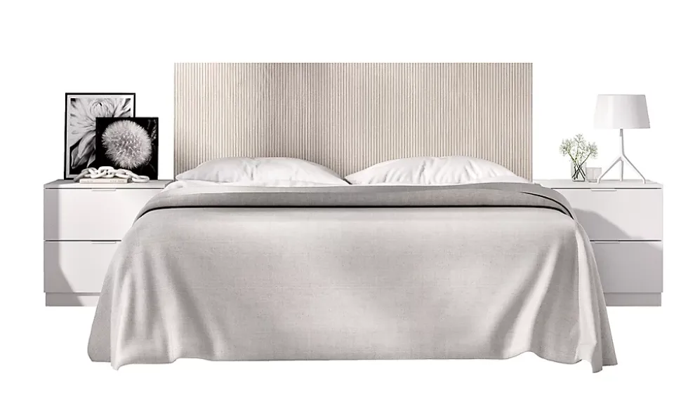 Tête de lit avec 2 tables de chevet coloris imitation lamelles, blanc - longueur 256 x profondeur 34 x hauteur 106 cm