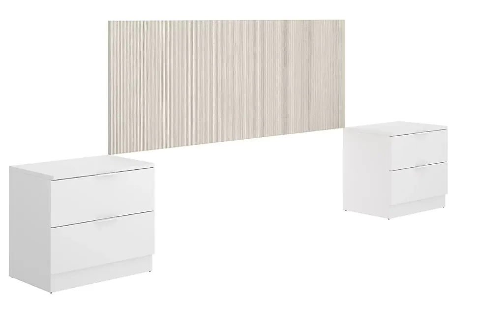 Tête de lit avec 2 tables de chevet coloris imitation lamelles, blanc - longueur 256 x profondeur 34 x hauteur 106 cm