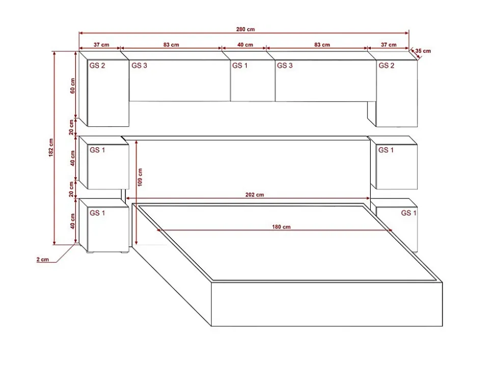 Tête de lit avec rangement Armoire - pont de lit PANAMA 13/HG/W/2-1C blanc/blanc brillant 280x182x35cm