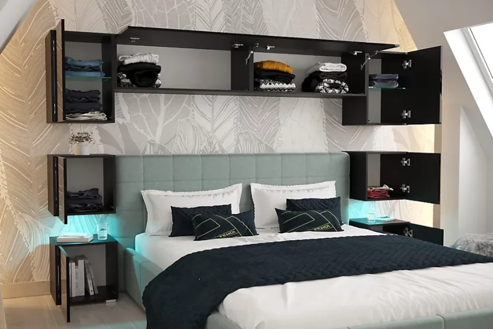 Tête de lit avec rangement Armoire - pont de lit PANAMA 13/HG/B/2-1C noir/noir brillant 280x182x35cm