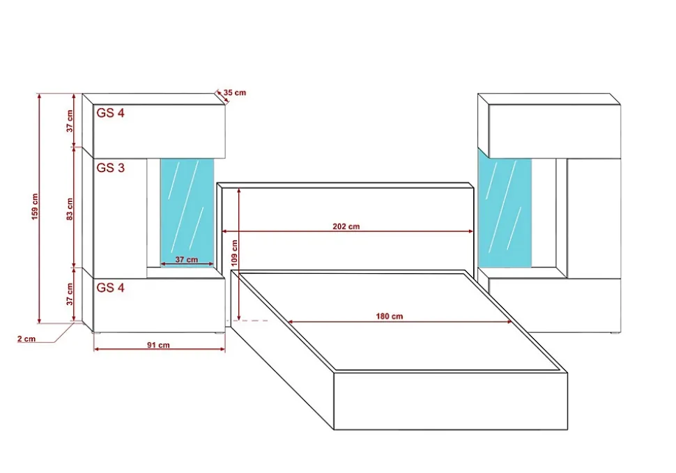 Tête de lit avec rangement Armoire - pont de lit PANAMA 1/21S/M5 chêne sonoma 345-385x159cm
