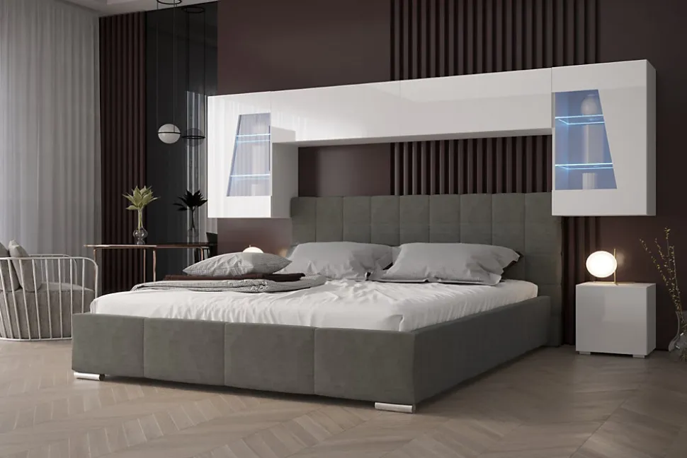 Tête de lit avec rangement Armoire - pont de lit PANAMA 11HG/W/2-1B blanc/blanc brillant 282x91x35cm