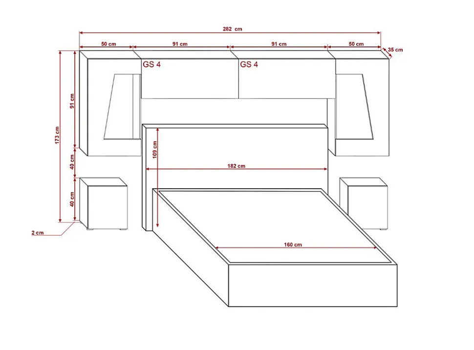 Tête de lit avec rangement Armoire - pont de lit PANAMA 11HG/W/2-1B blanc/blanc brillant 282x91x35cm