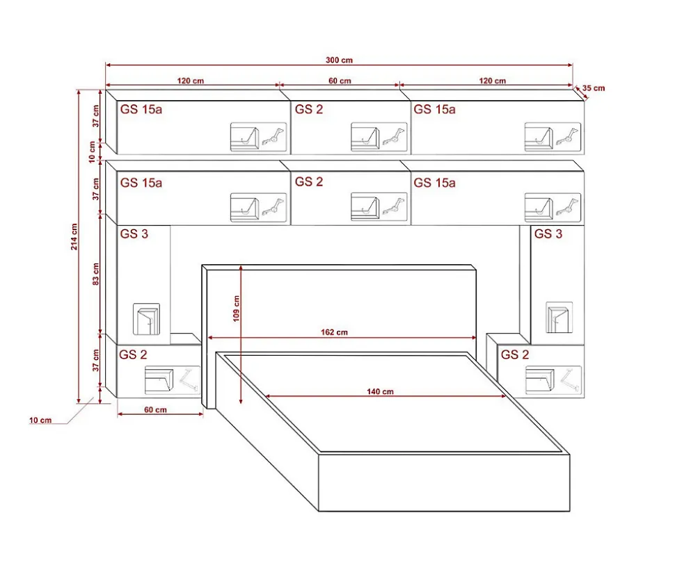 Tête de lit avec rangement Armoire - pont de lit PANAMA 5/HG/W/2-1C blanc/blanc brillant 300x214x35cm
