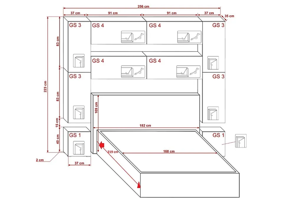 Tête de lit avec rangement Armoire - pont de lit PANAMA 4/HG/W/2-1A blanc/blanc brillant 256x223x35cm