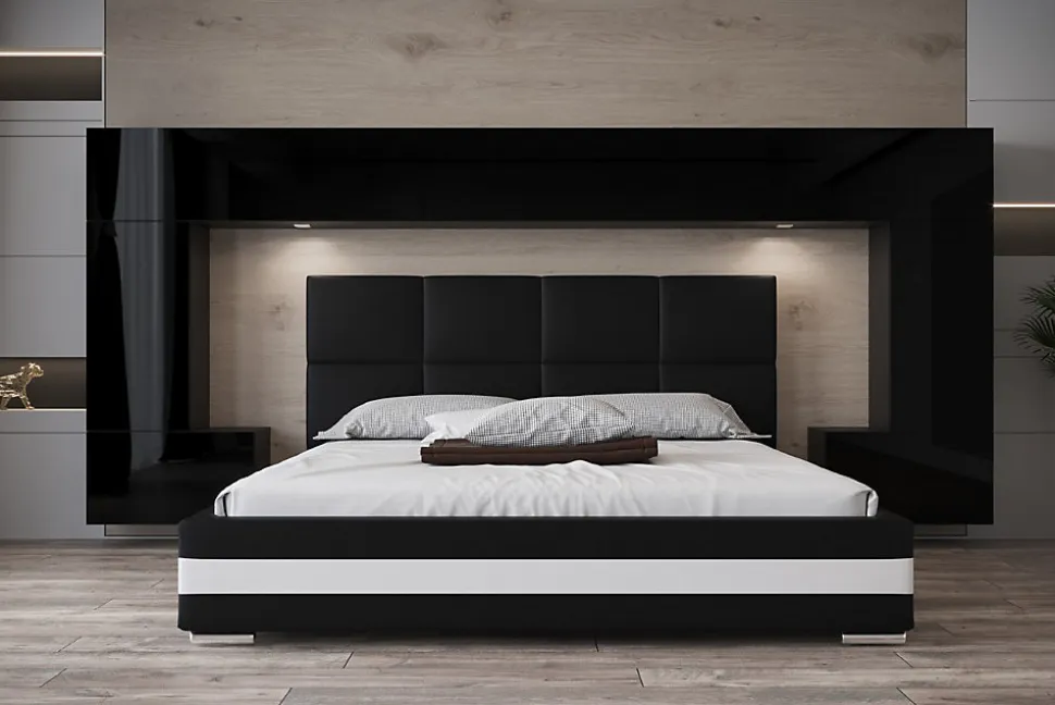 Tête de lit avec rangement Armoire - pont de lit PANAMA 6/21B/HG1-1C noir/noir brillant 300x167x35cm