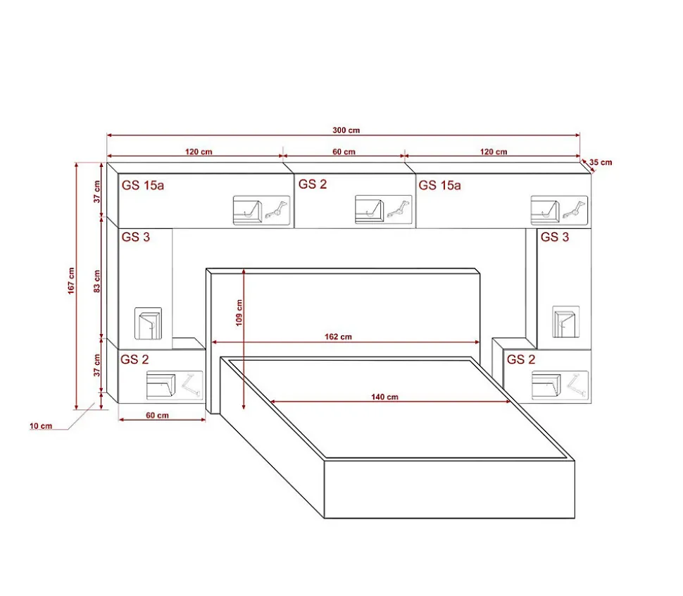 Tête de lit avec rangement Armoire - pont de lit PANAMA 6/21B/HG1-1C noir/noir brillant 300x167x35cm
