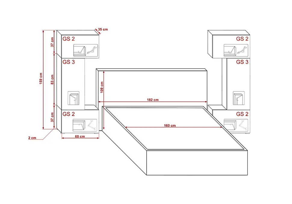 Tête de lit avec rangement Armoire - pont de lit PANAMA 3/21S/M5 chêne sonoma 282-322x159x35cm