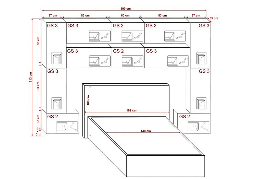 Tête de lit avec rangement Armoire - pont de lit PANAMA 7/M/S/5-1C chêne sonoma 300x213x35cm
