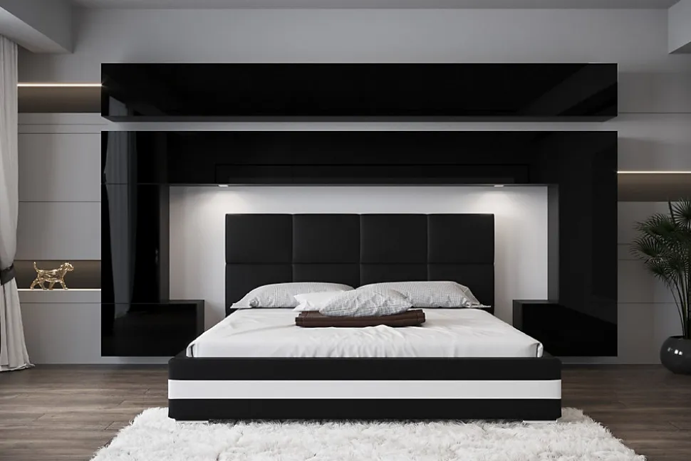 Tête de lit avec rangement Armoire - pont de lit PANAMA 5/HG/B/1-1C noir/noir brillant 300x214x35cm