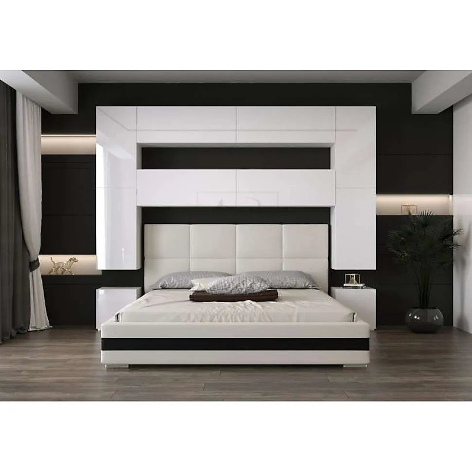 Tête de lit avec rangement Armoire - pont de lit PANAMA 4/HG/W/2-1B blanc/blanc brillant 240x223x35cm
