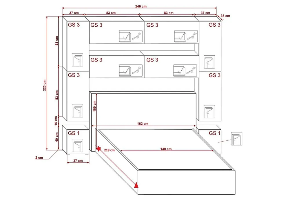 Tête de lit avec rangement Armoire - pont de lit PANAMA 4/HG/W/2-1B blanc/blanc brillant 240x223x35cm