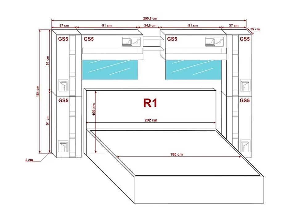 Tête de lit avec rangement Armoire - pont de lit PANAMA 14/HG/W/2-1C blanc/blanc brillant 290x184x35cm