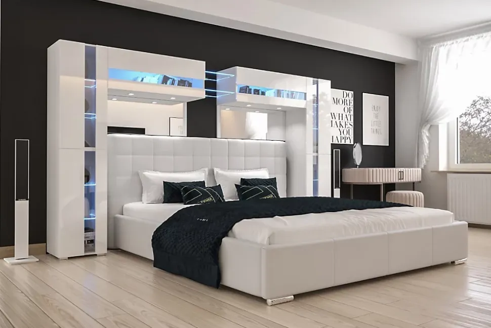 Tête de lit avec rangement Armoire - pont de lit PANAMA 14/HG/W/2-1C blanc/blanc brillant 290x184x35cm