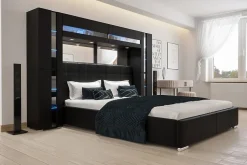 Tête de lit avec rangement Armoire - pont de lit PANAMA 14-HG-B-1-1A noir/noir brillant 256x184x35cm