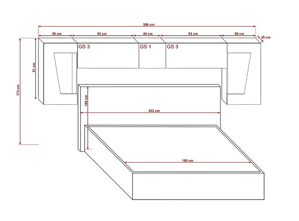 Tête de lit avec rangement Armoire - pont de lit PANAMA 9HG/W/2-1C blanc/blanc brillant 306x91x35cm