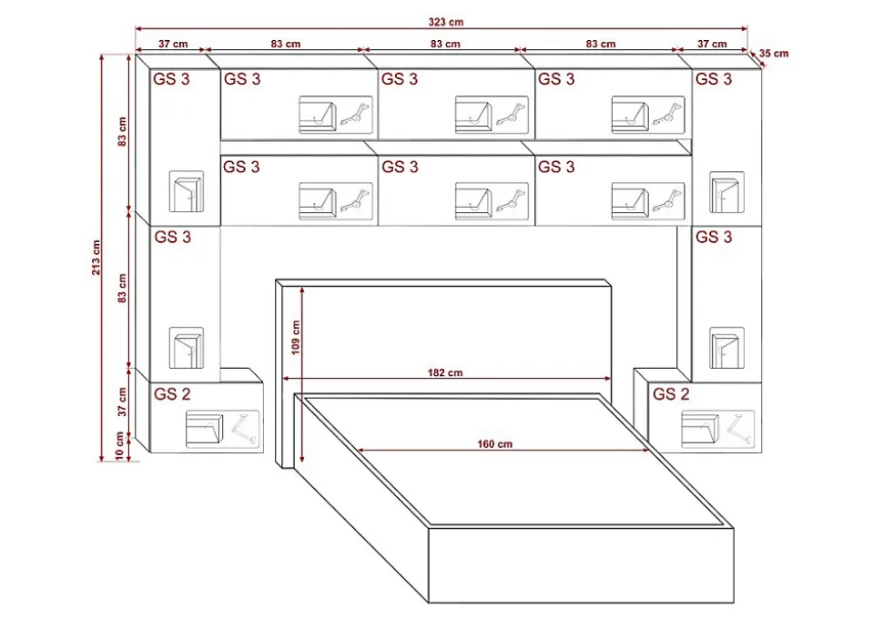 Tête de lit avec rangement Armoire - pont de lit PANAMA 7/M/S/5-1A chêne sonoma 323x213x35cm