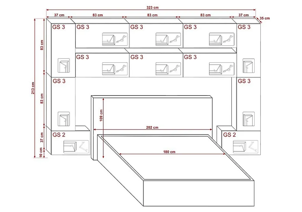 Tête de lit avec rangement Armoire - pont de lit PANAMA 7/M/S/5-1A chêne sonoma 323x213x35cm
