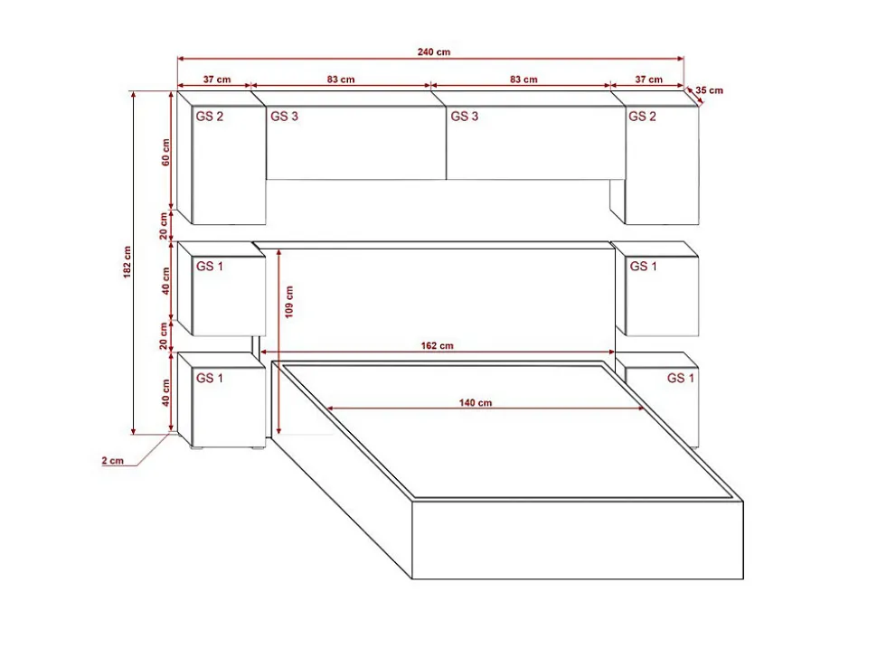 Tête de lit avec rangement Armoire - pont de lit PANAMA 13/HG/W/2-1B blanc/blanc brillant 240x182x35cm
